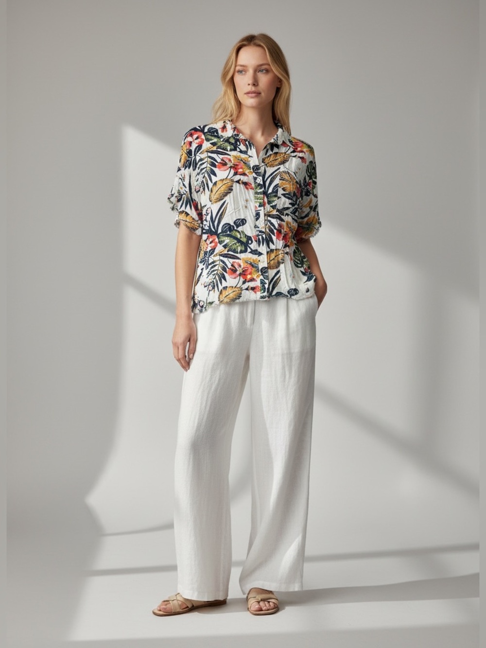 Philosophy White Short Sleeve Tropical Floral Button-Down Shirt